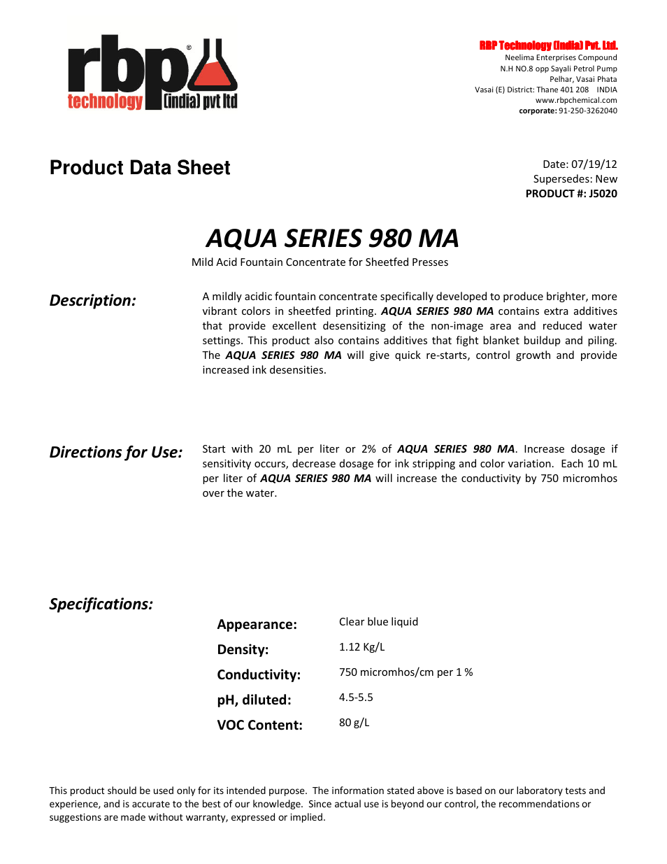 RBP Chemical Technology J5020 AQUA SERIES 980 MA User Manual | 2 pages