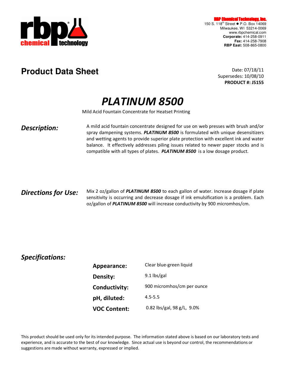 RBP Chemical Technology J5155 PLATINUM 8500 User Manual | 2 pages