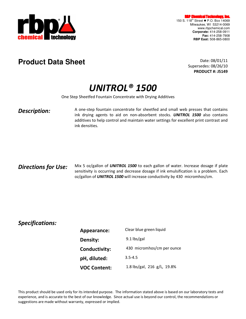 RBP Chemical Technology J5149 UNITROL 1500 User Manual | 2 pages