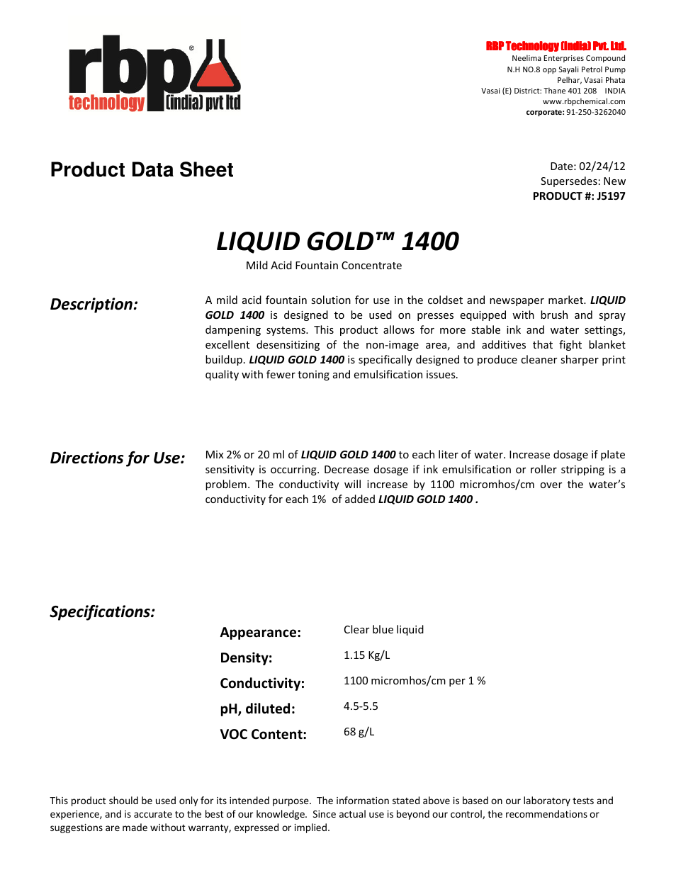 RBP Chemical Technology J5197 LIQUID GOLD 1400 User Manual | 2 pages