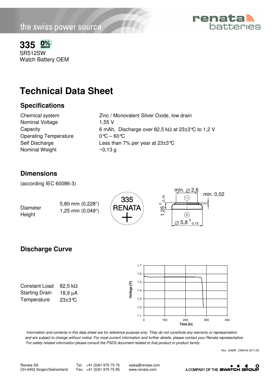 Renata SA 335 User Manual | 1 page