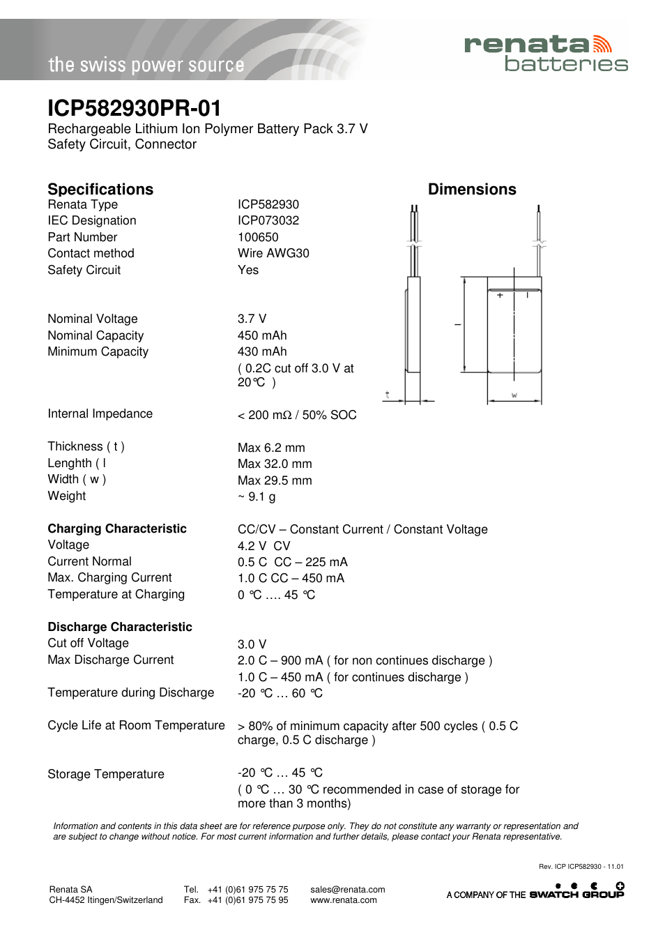 Renata SA ICP582930PR-01 User Manual | 1 page