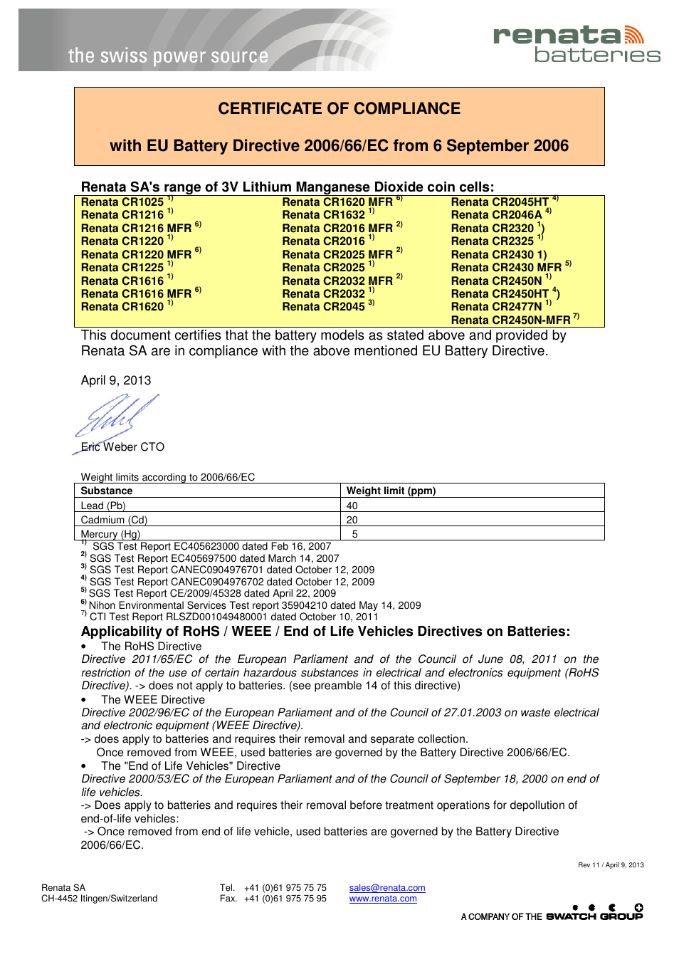 Renata SA COC 3V Lithium coin cells EU Battery directive User Manual | 1 page