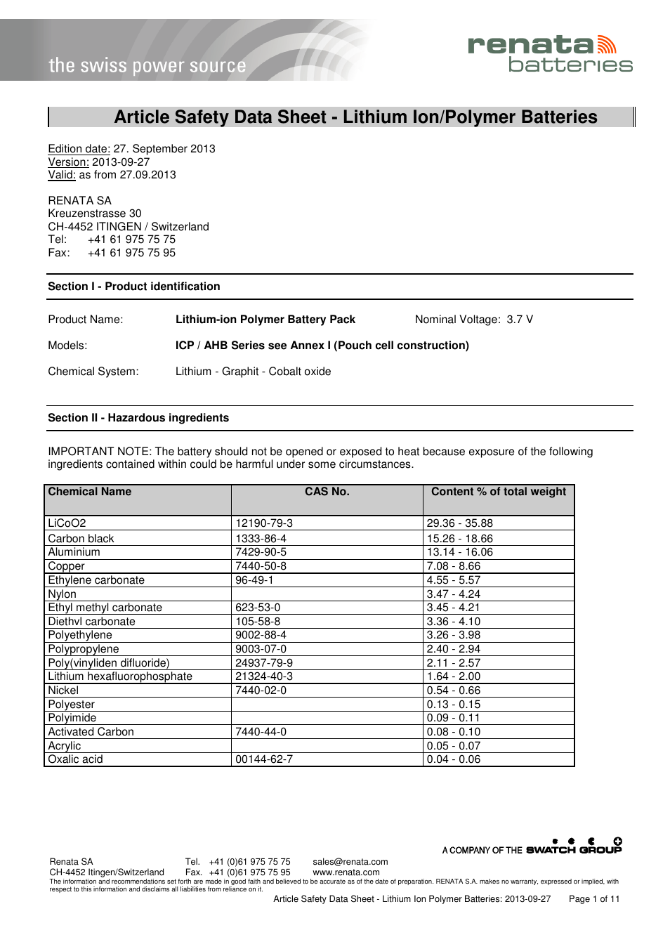 Renata SA Article Safety Datasheet 3.7V Lithium-Polymer User Manual | 11 pages