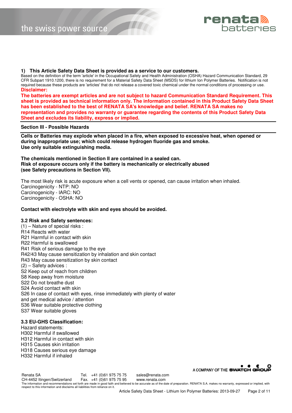 Renata SA Article Safety Datasheet 3.7V Lithium-Polymer User Manual | Page 2 / 11