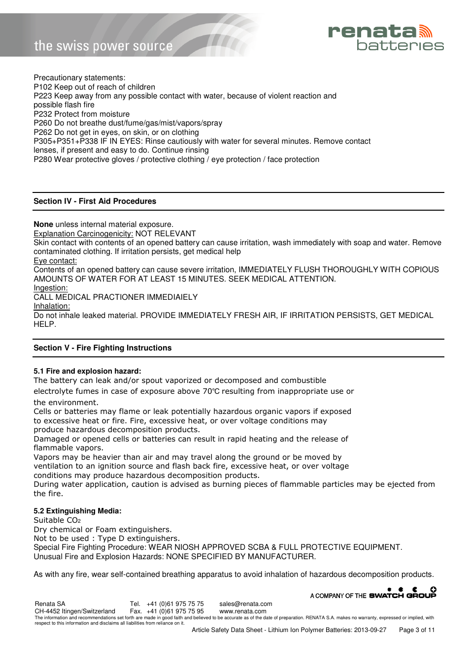 Renata SA Article Safety Datasheet 3.7V Lithium-Polymer User Manual | Page 3 / 11