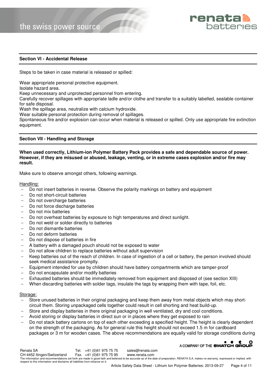 Renata SA Article Safety Datasheet 3.7V Lithium-Polymer User Manual | Page 4 / 11