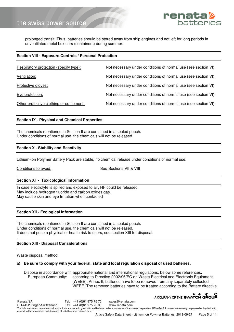 Renata SA Article Safety Datasheet 3.7V Lithium-Polymer User Manual | Page 5 / 11