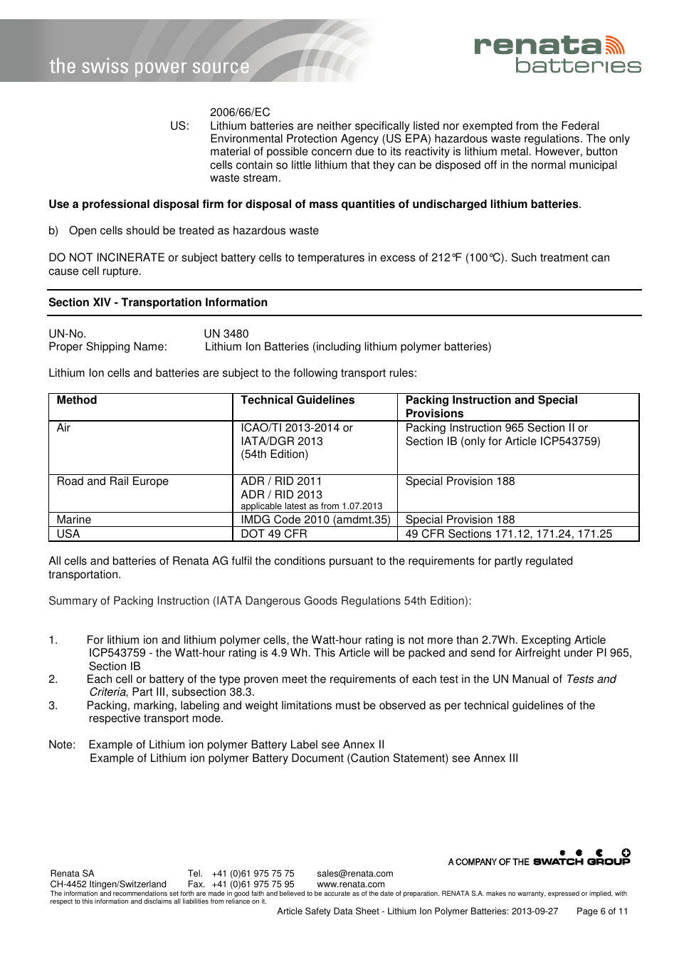 Renata SA Article Safety Datasheet 3.7V Lithium-Polymer User Manual | Page 6 / 11