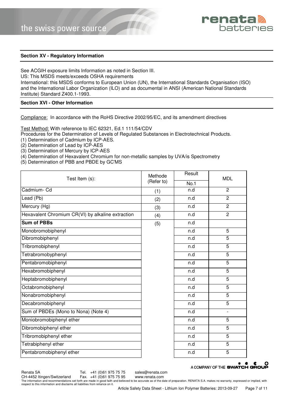 Renata SA Article Safety Datasheet 3.7V Lithium-Polymer User Manual | Page 7 / 11