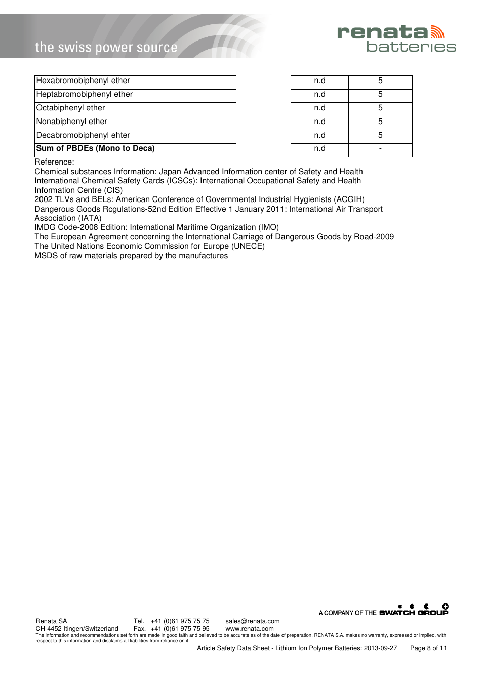 Renata SA Article Safety Datasheet 3.7V Lithium-Polymer User Manual | Page 8 / 11