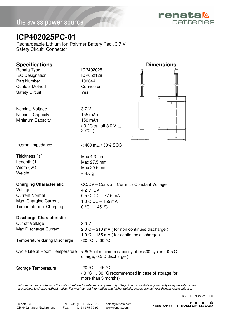 Renata SA ICP402025PC-01 User Manual | 1 page