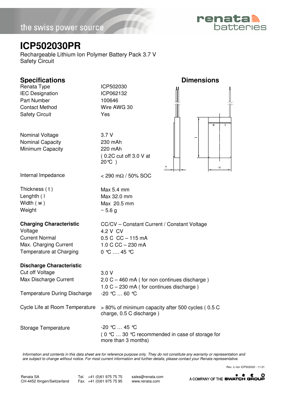 Renata SA ICP502030PR User Manual | 1 page