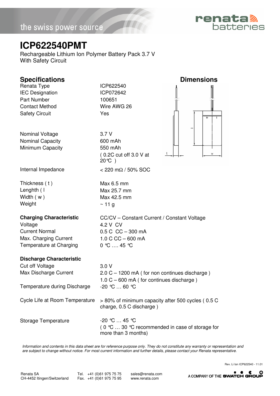 Renata SA ICP622540PMT User Manual | 1 page