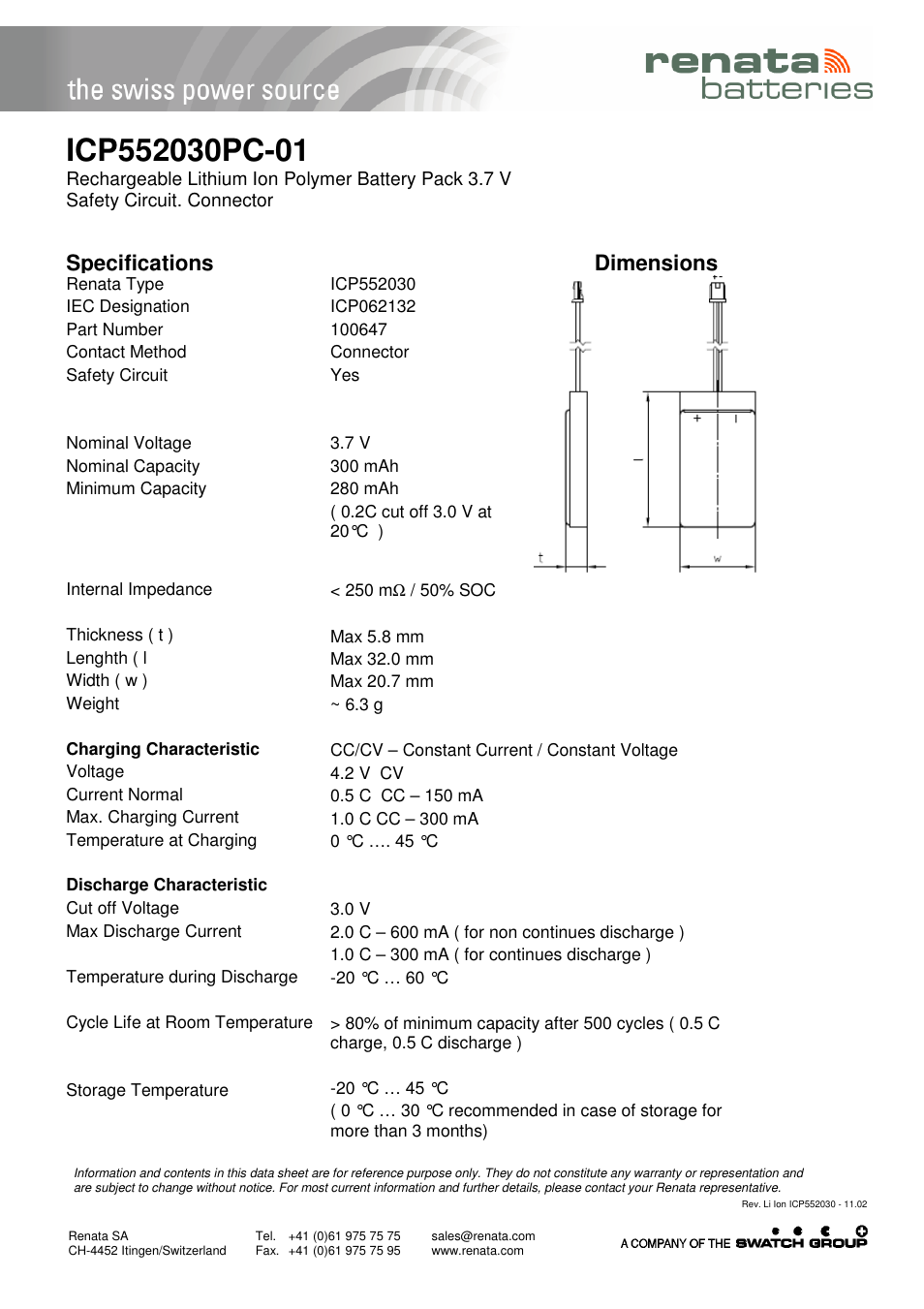 Renata SA ICP552030PC-01 User Manual | 1 page