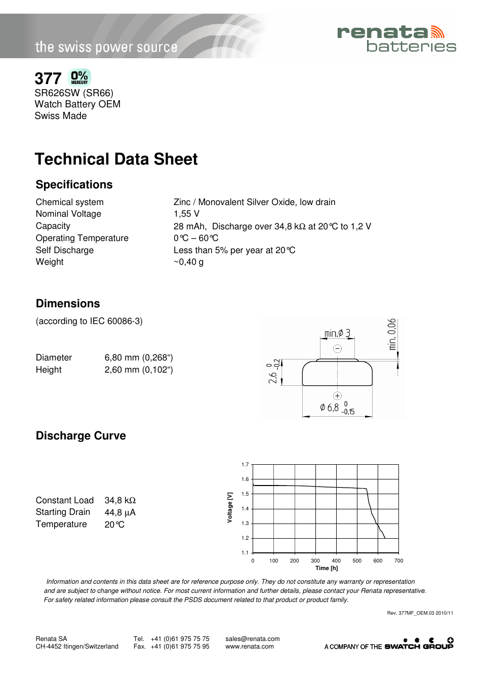 Renata SA 377 User Manual | 1 page