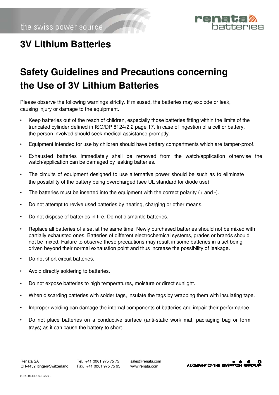 Renata SA Encapsulated Batteries (Power Modules) - Safety Guidelines and Precautions concerning User Manual | 1 page