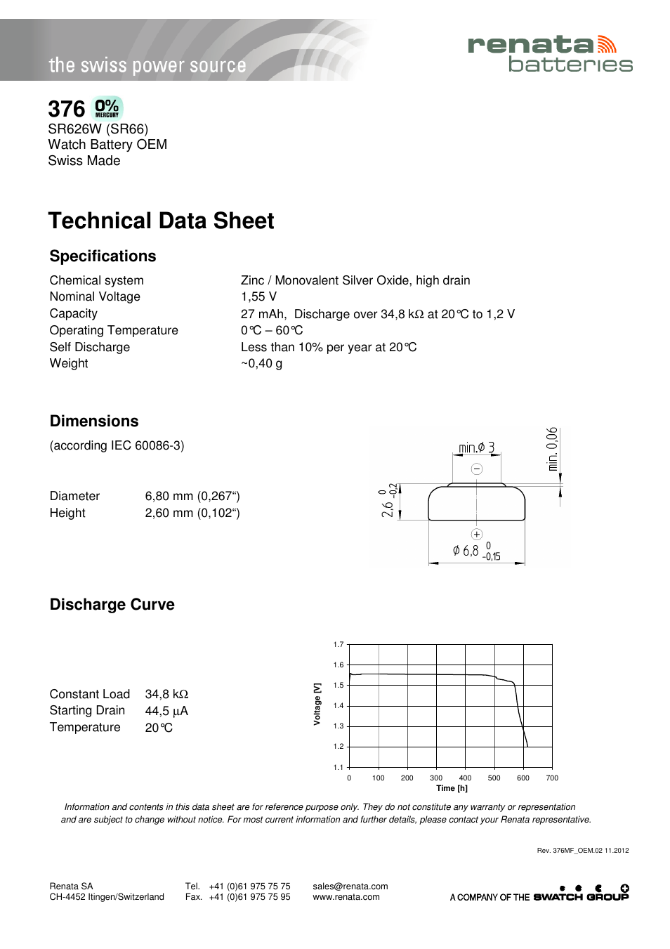 Renata SA 376 User Manual | 1 page