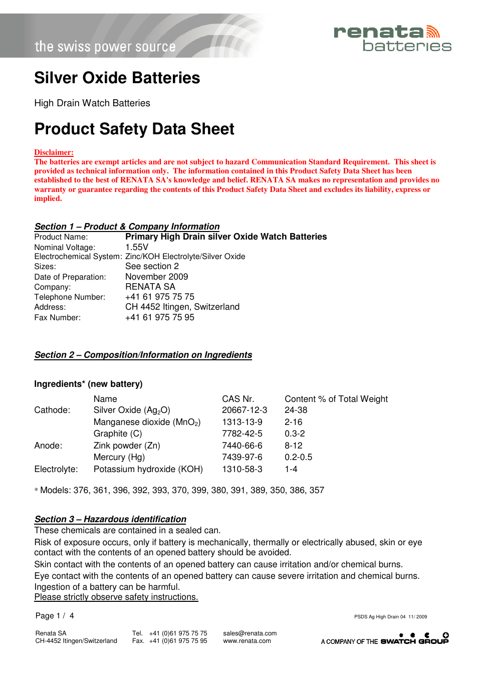 Renata SA Product Safety Datasheet Ag High drain User Manual | 4 pages