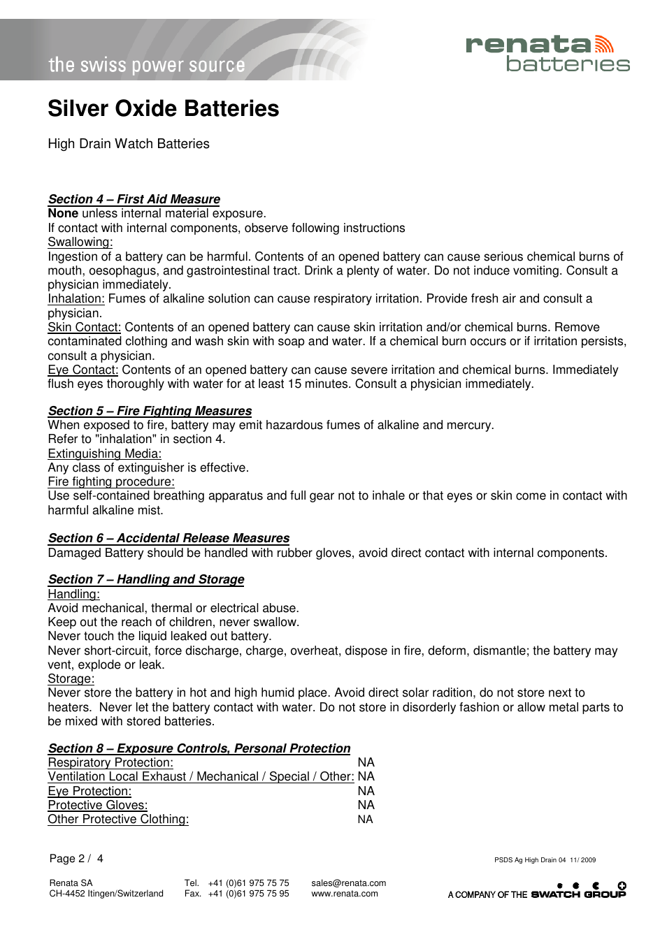 Silver oxide batteries | Renata SA Product Safety Datasheet Ag High drain User Manual | Page 2 / 4