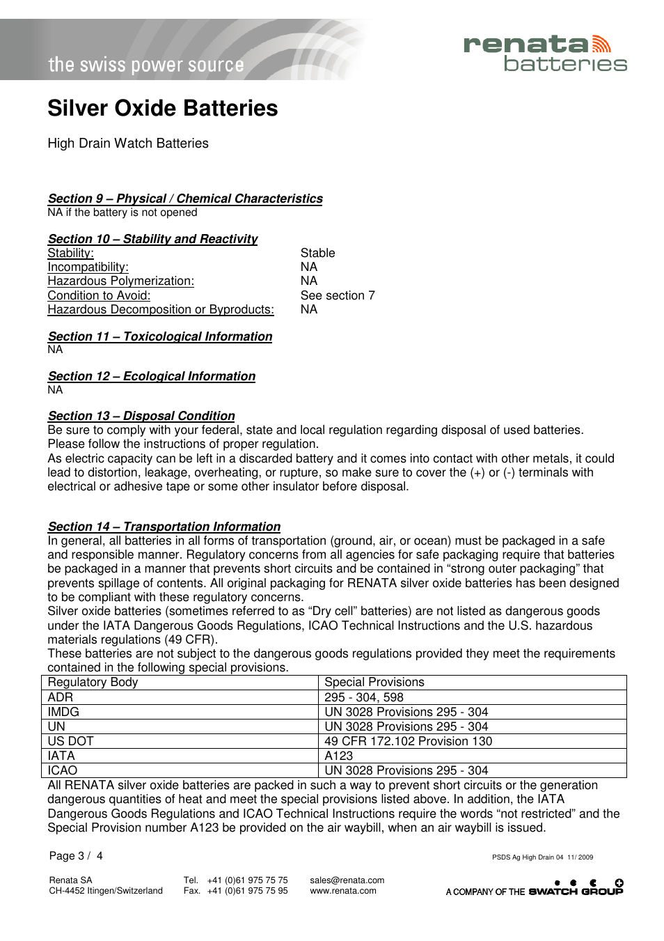 Silver oxide batteries | Renata SA Product Safety Datasheet Ag High drain User Manual | Page 3 / 4