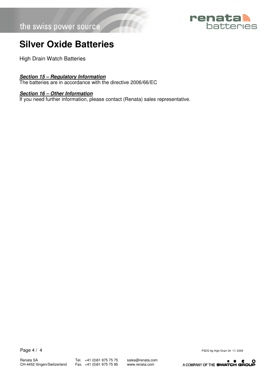 Silver oxide batteries | Renata SA Product Safety Datasheet Ag High drain User Manual | Page 4 / 4