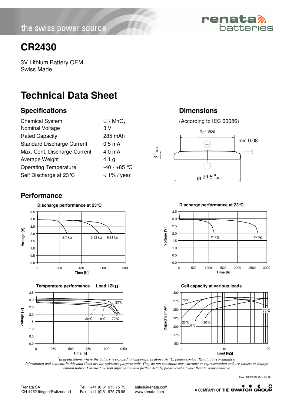 Renata SA CR2430 User Manual | 1 page