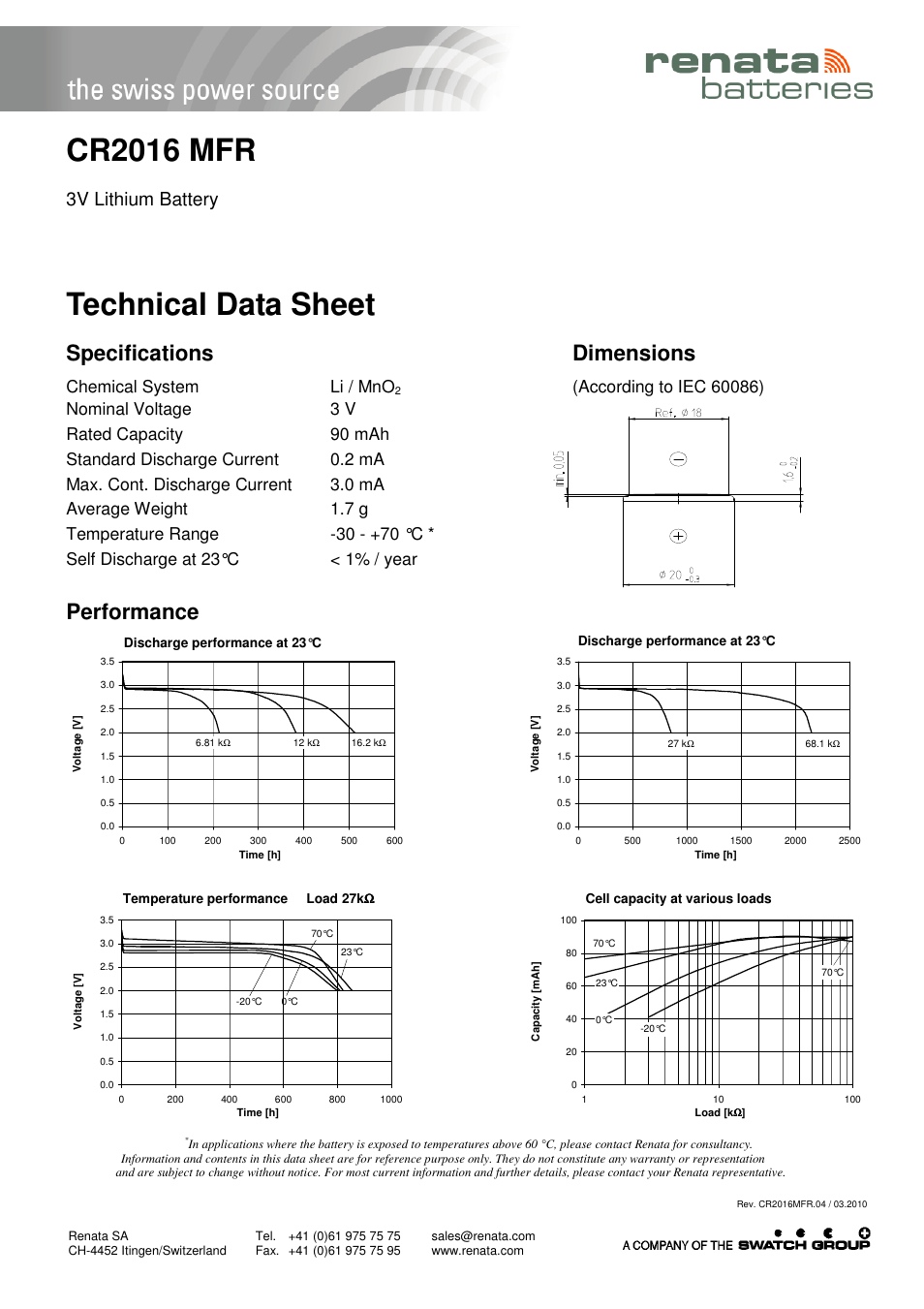 Renata SA CR2016MFR User Manual | 1 page