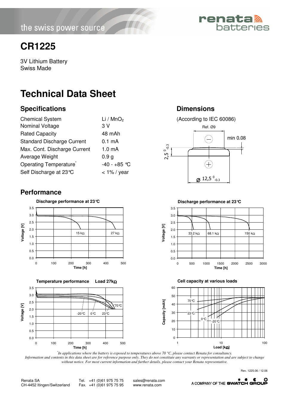 Renata SA CR1225 User Manual | 1 page