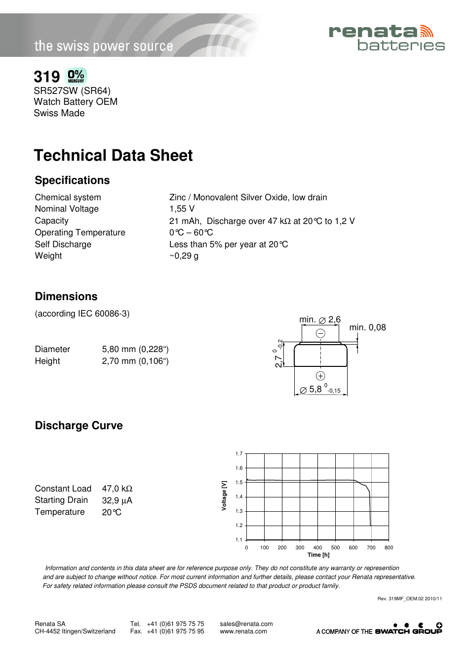 Renata SA 319 User Manual | 1 page