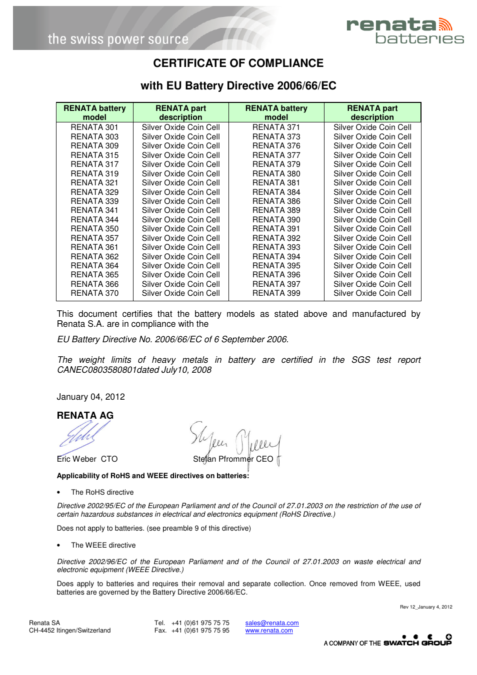 Renata SA COC Silver Oxide EU Battery directive User Manual | 1 page