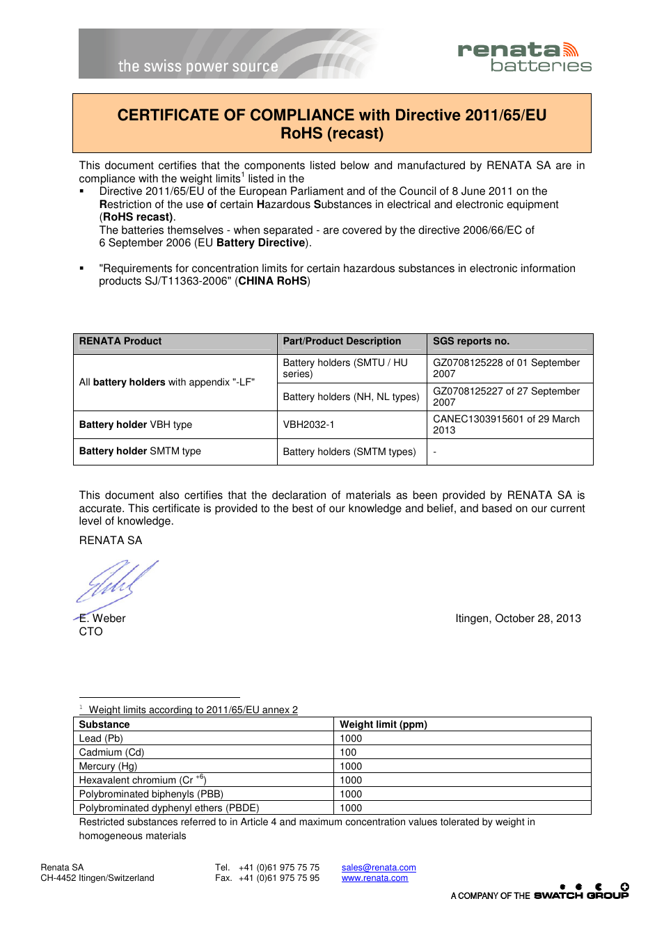 Renata SA COC 3V Lithium RoHS holders User Manual | 1 page