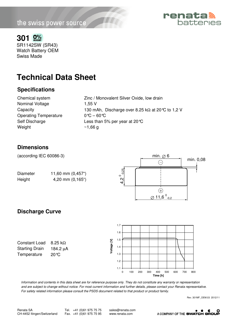 Renata SA 301 User Manual | 1 page