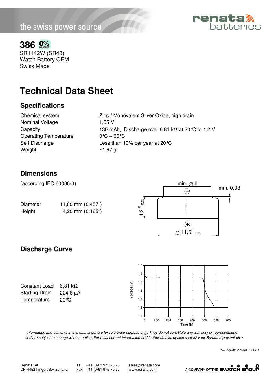 Renata SA 386 User Manual | 1 page