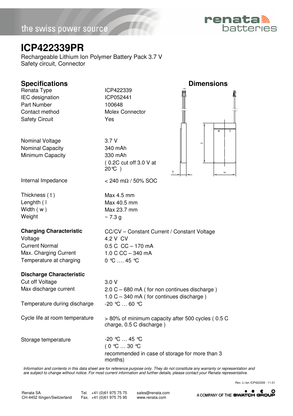 Renata SA ICP422339PR User Manual | 1 page