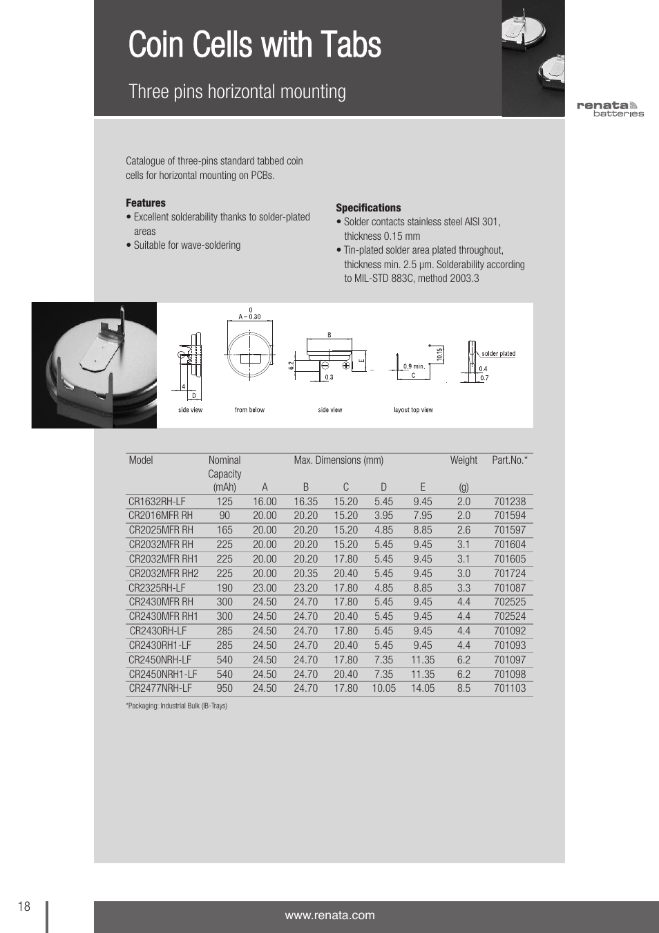 Coin cells with tabs, Three pins horizontal mounting | Renata SA 3V Lithium Coin Cells - DESIGNER'S GUIDE User Manual | Page 18 / 70