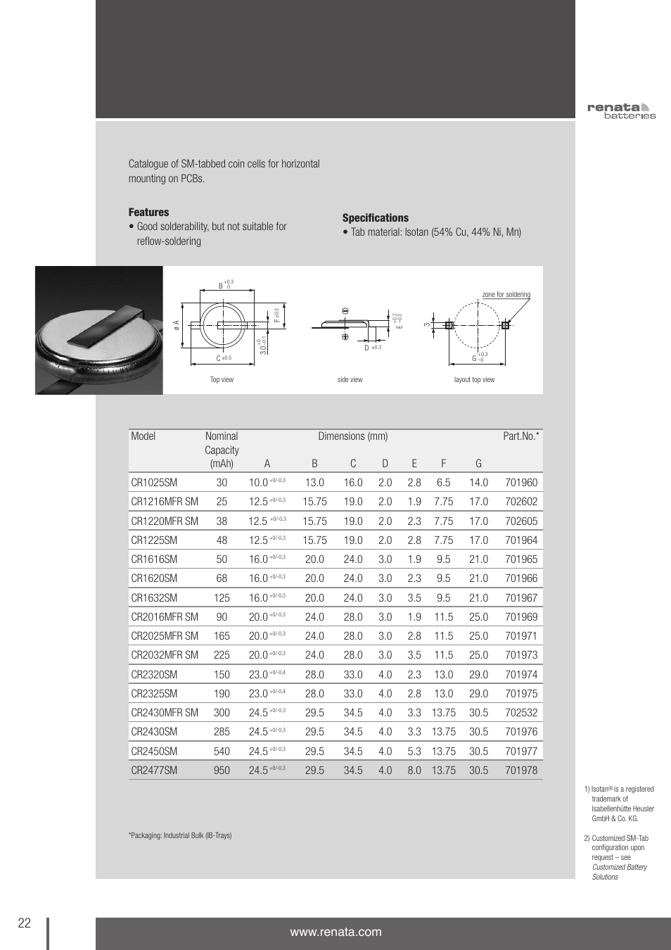 Coin cells with tabs, Isotan, Tabs for surface-mounting | Renata SA 3V Lithium Coin Cells - DESIGNER'S GUIDE User Manual | Page 22 / 70