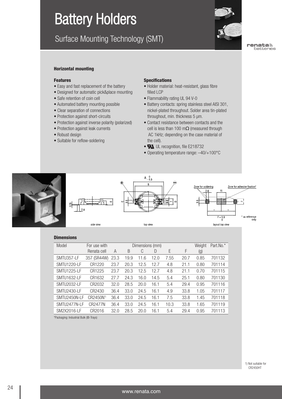 Battery holders, Surface mounting technology (smt) | Renata SA 3V Lithium Coin Cells - DESIGNER'S GUIDE User Manual | Page 24 / 70