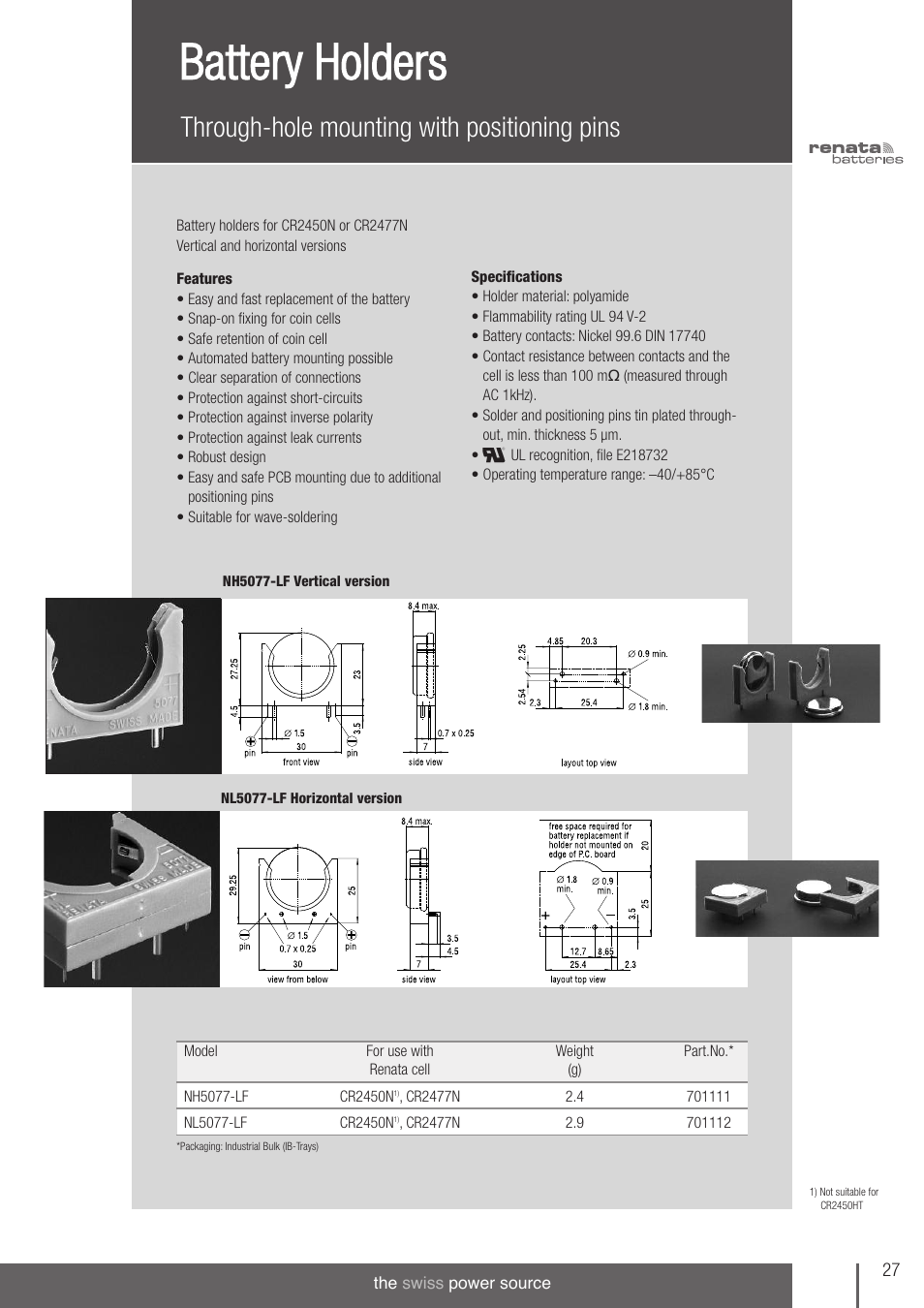 Battery holders, Through-hole mounting with positioning pins | Renata SA 3V Lithium Coin Cells - DESIGNER'S GUIDE User Manual | Page 27 / 70