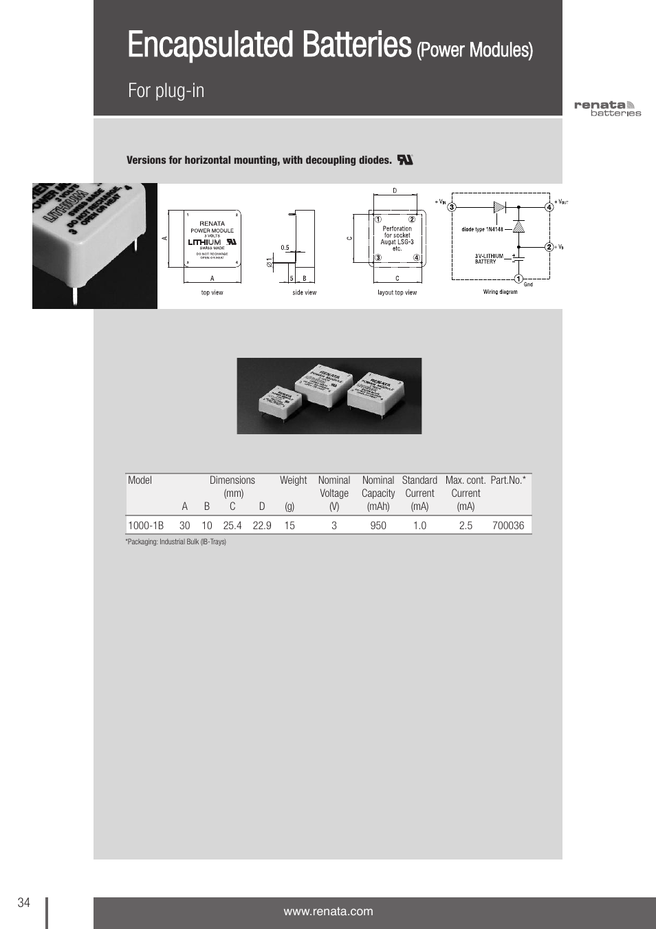 Encapsulated batteries, For plug-in, Power modules) | Renata SA 3V Lithium Coin Cells - DESIGNER'S GUIDE User Manual | Page 34 / 70