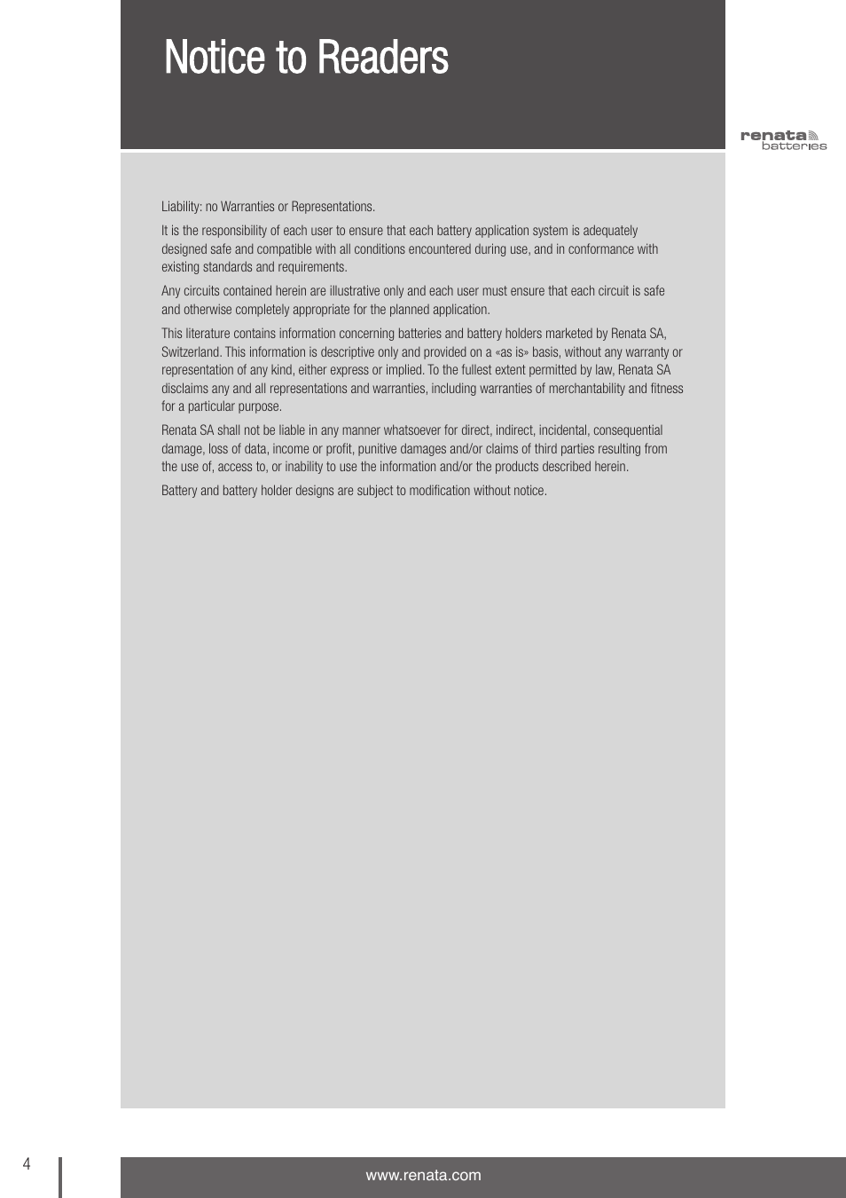 Notice to readers | Renata SA 3V Lithium Coin Cells - DESIGNER'S GUIDE User Manual | Page 4 / 70