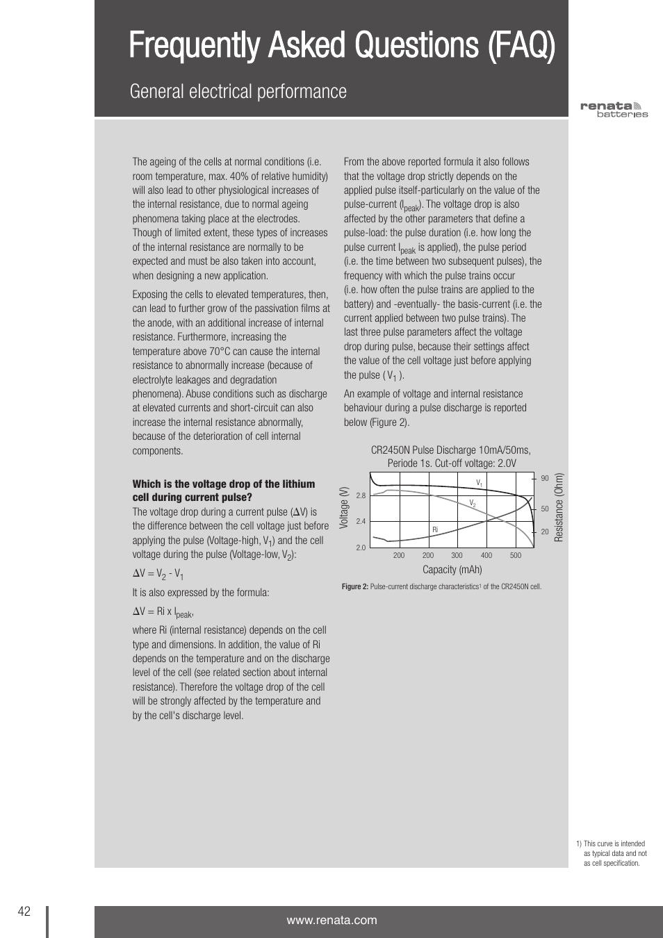 Frequently asked questions (faq), General electrical performance | Renata SA 3V Lithium Coin Cells - DESIGNER'S GUIDE User Manual | Page 42 / 70