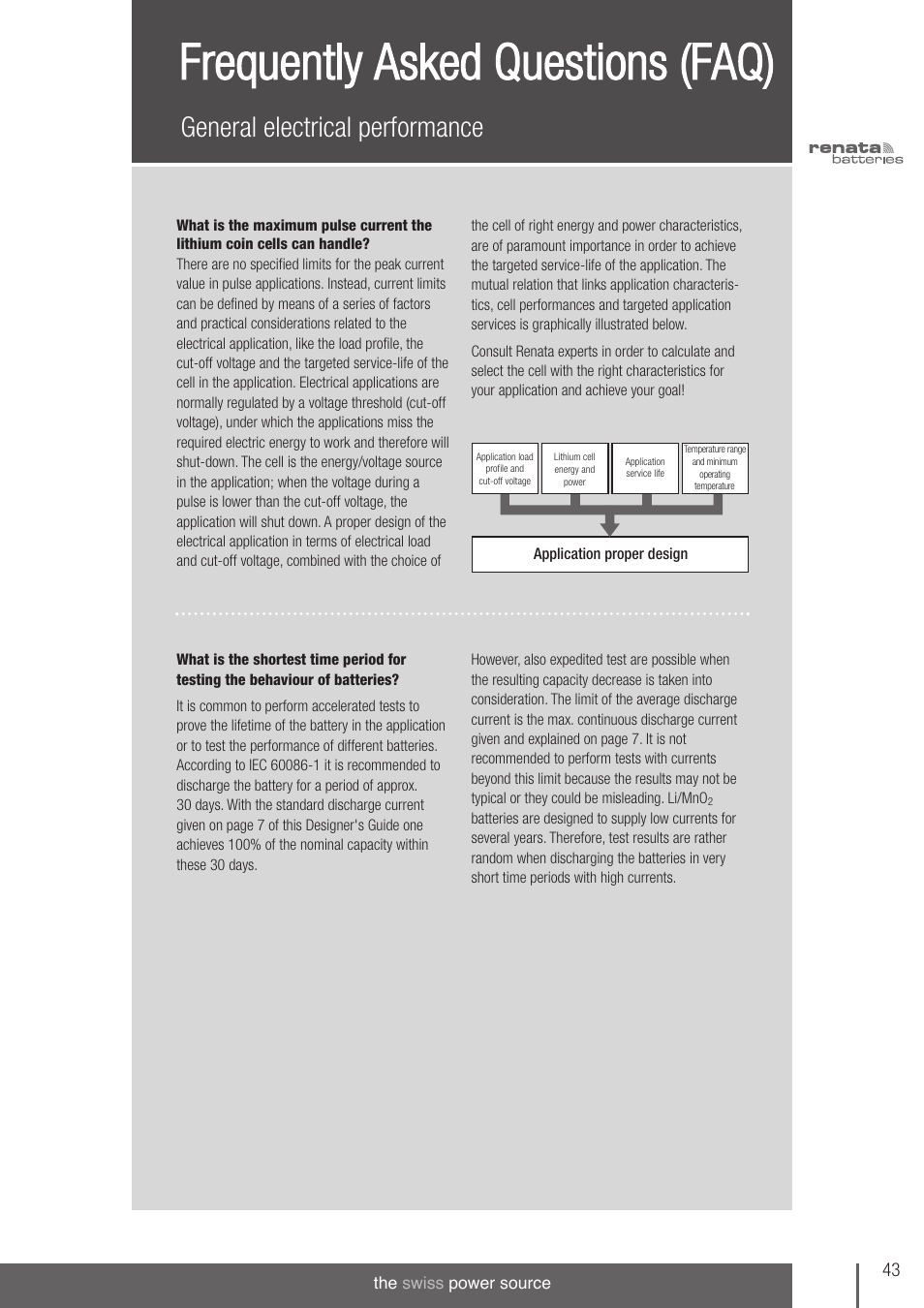 Frequently asked questions (faq), General electrical performance | Renata SA 3V Lithium Coin Cells - DESIGNER'S GUIDE User Manual | Page 43 / 70