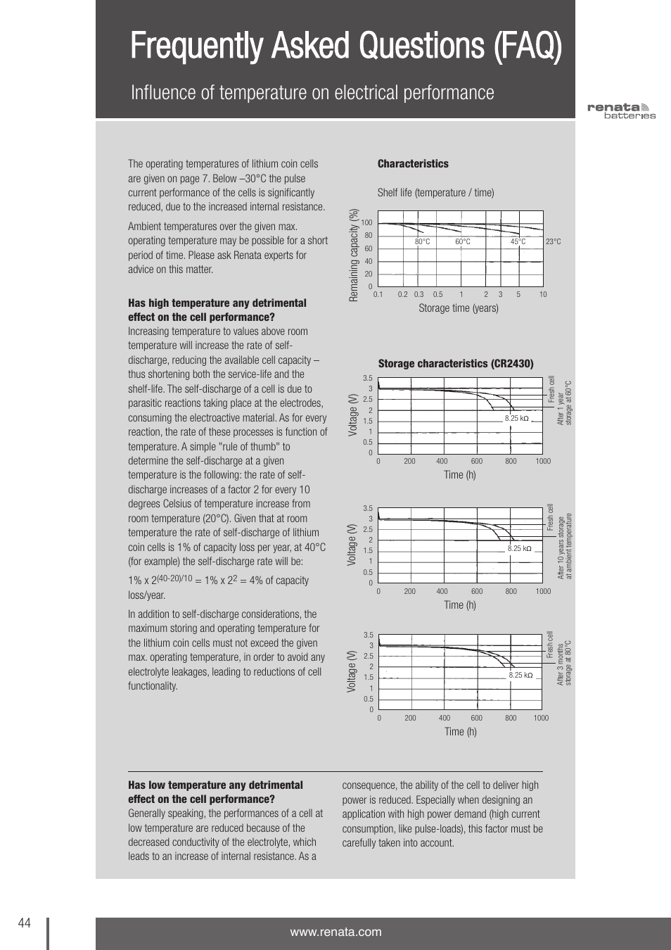 Frequently asked questions (faq), Influence of temperature on electrical performance | Renata SA 3V Lithium Coin Cells - DESIGNER'S GUIDE User Manual | Page 44 / 70