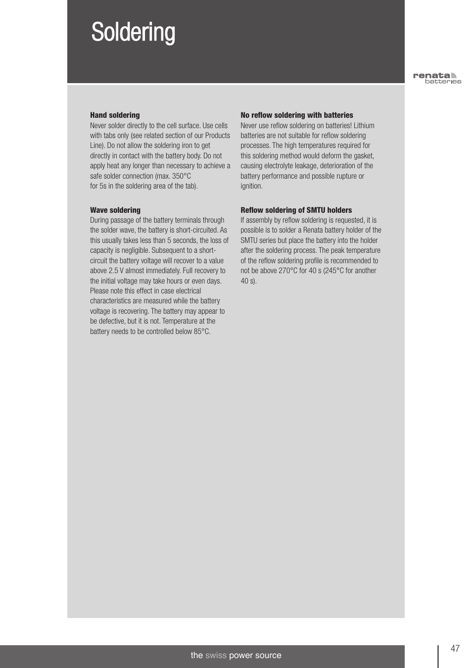 Soldering | Renata SA 3V Lithium Coin Cells - DESIGNER'S GUIDE User Manual | Page 47 / 70