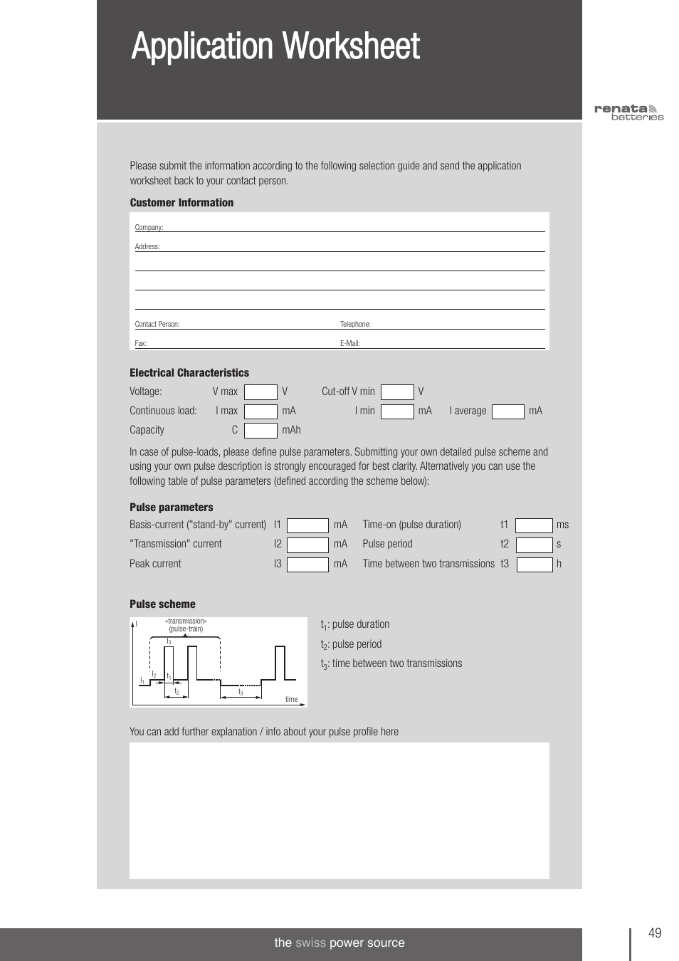 Application worksheet | Renata SA 3V Lithium Coin Cells - DESIGNER'S GUIDE User Manual | Page 49 / 70