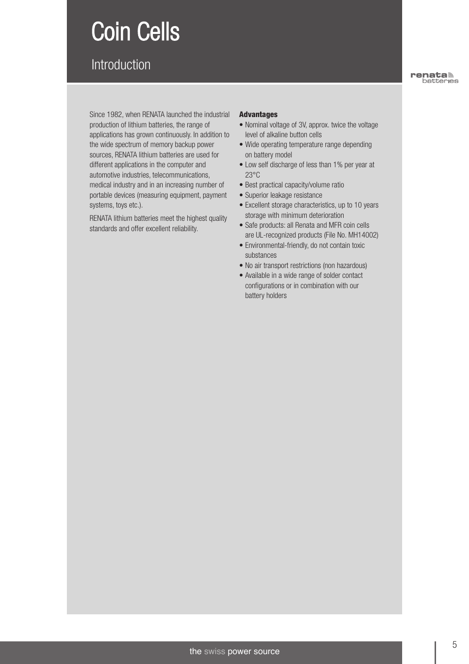 Coin cells, Introduction | Renata SA 3V Lithium Coin Cells - DESIGNER'S GUIDE User Manual | Page 5 / 70