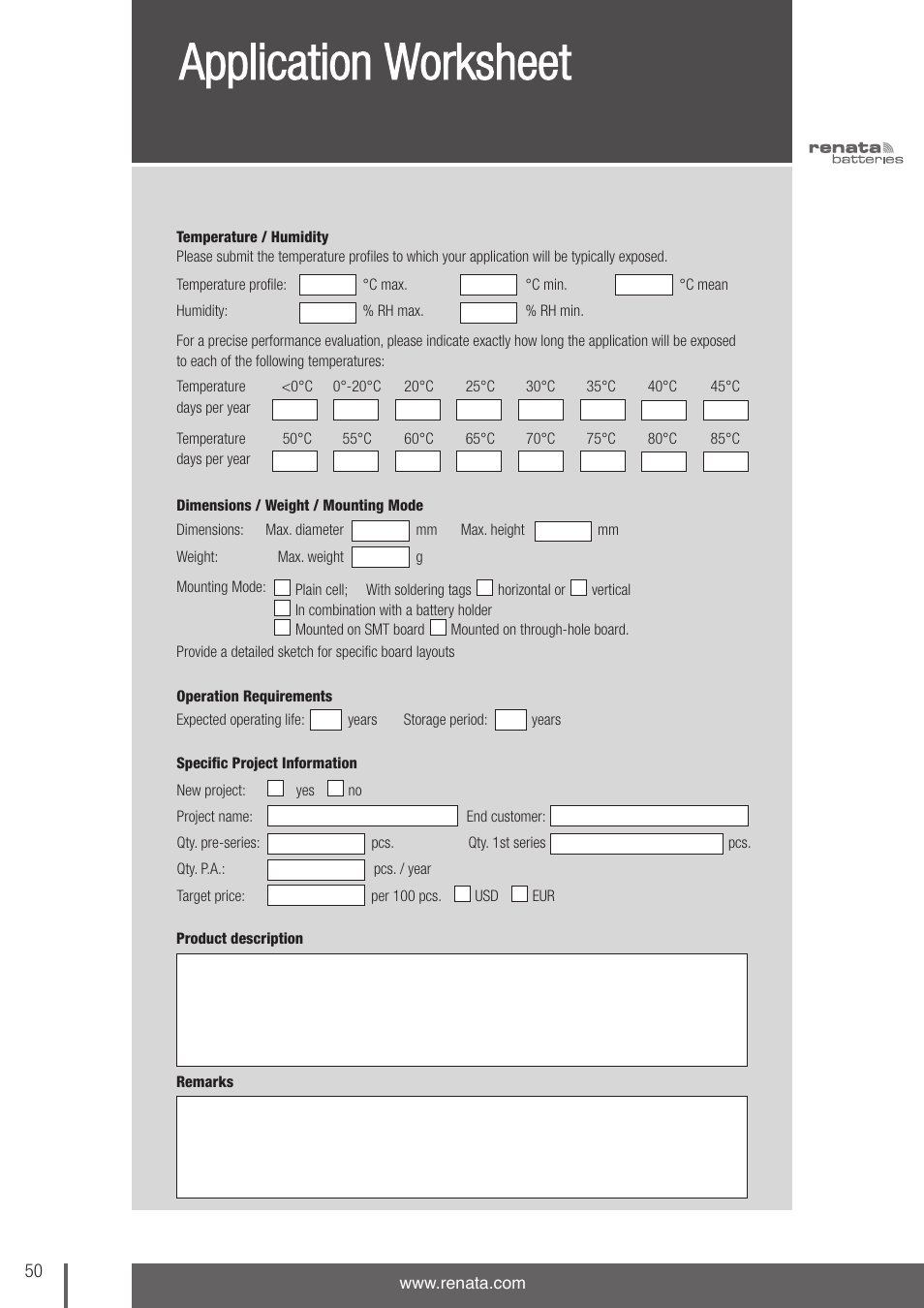 Application worksheet | Renata SA 3V Lithium Coin Cells - DESIGNER'S GUIDE User Manual | Page 50 / 70