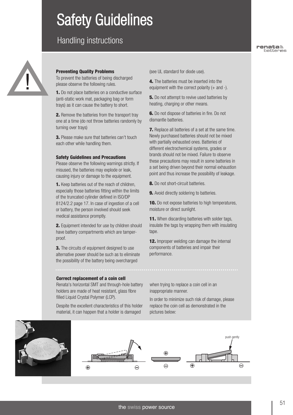 Safety guidelines, Handling instructions | Renata SA 3V Lithium Coin Cells - DESIGNER'S GUIDE User Manual | Page 51 / 70