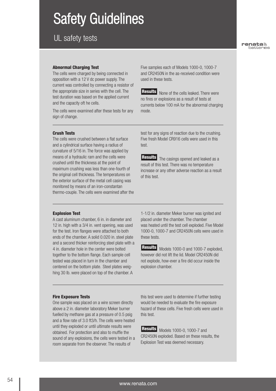 Safety guidelines, Ul safety tests | Renata SA 3V Lithium Coin Cells - DESIGNER'S GUIDE User Manual | Page 54 / 70